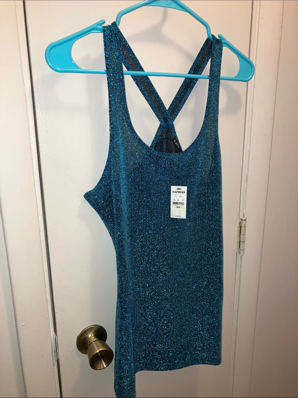 Express Shimmery Teal Crossback Sparkle Tank
